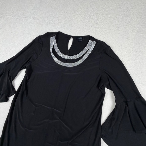 MSK Dresses & Skirts - MSK Black Shift Dress Rhinestone Neckline Bell Sleeve Cocktail XL RN 90714